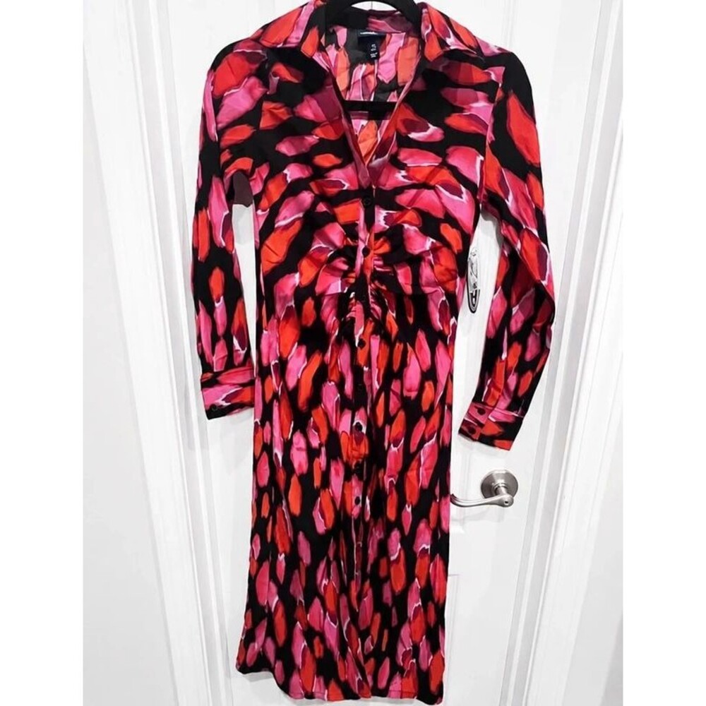 Scoop Pink Red Black Abstract Button-Front Midi Dress Size XS